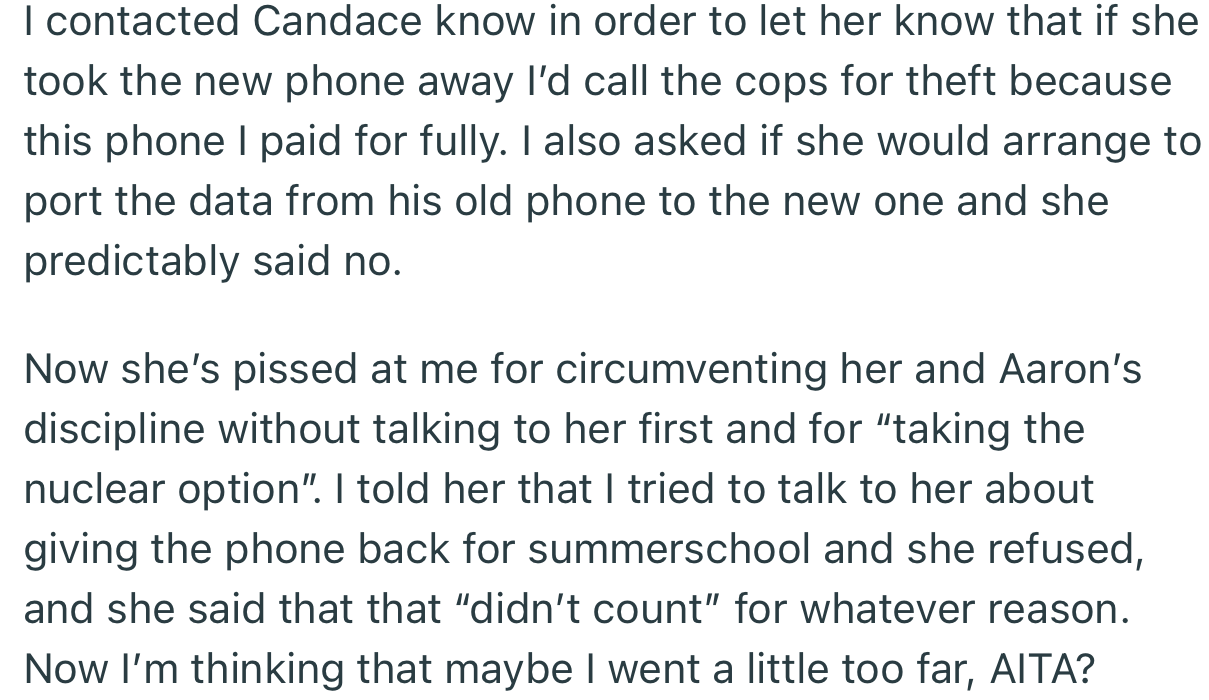 OP went further to threaten to call the cops on his ex-wife if she decides to take away their son’s new phone