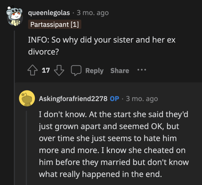 OP doesn't know exactly why her sister and ex-BIL got divorced. Her sister did cheat on ex-BIL before they got married, so who knows?