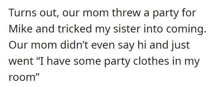 Mom surprised with a party for Mike, tricked sister into coming, no greeting.