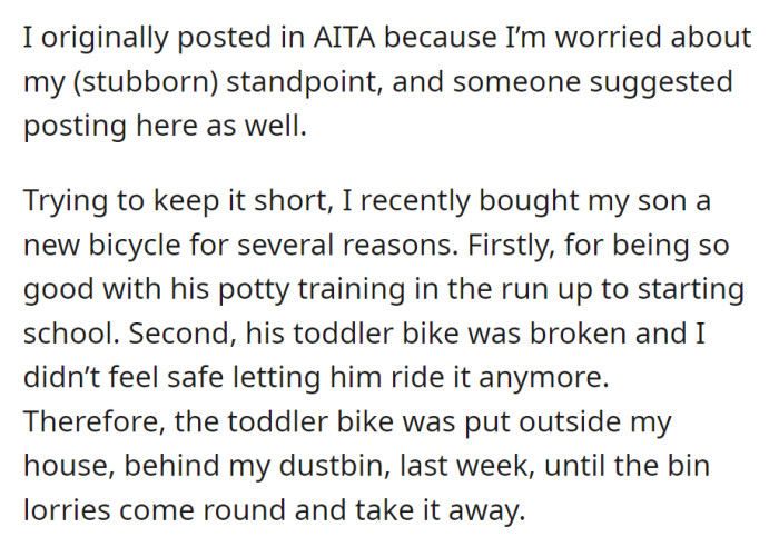 Worried about her choice to get her son a new bike after successful potty training, she left his old broken bike by the dustbin for disposal.