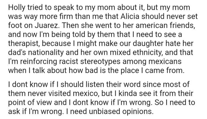 Even though OP's mom is on his side, his girlfriend's American friends are putting pressure on him to take the trip.