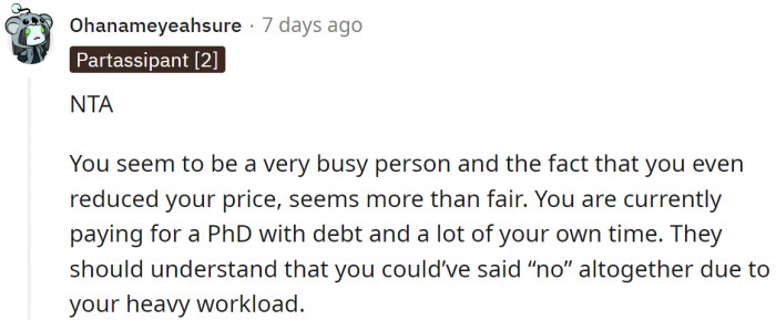 Reducing her usual price of lessons was more than fair.