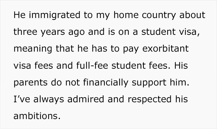 The woman's boyfriend has been paying exorbitant student fees all by himself since her immigrated to her home country