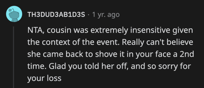 Since the child-sized coffin wasn't clue enough, OP walking away after Emily announced her pregnancy should have clued her cousin in about what OP was feeling.