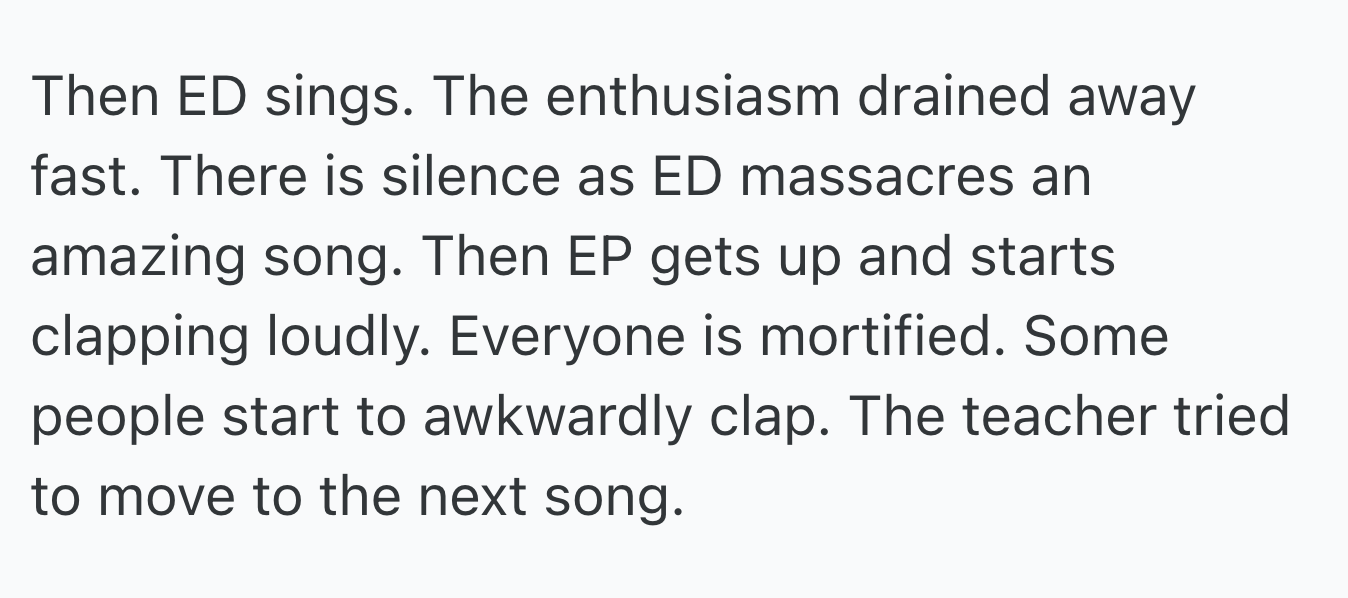 After the daughter’s poor performance, the parent loudly clapped, prompting some awkward applause from the audience. The situation escalated when the daughter demanded applause, ran off stage, and the parent accused the audience of not appreciating talent, leaving the concert to continue without them.