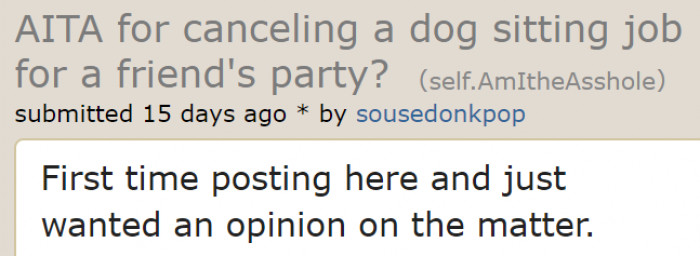 The OP is a first-time poster on the AITA subreddit.