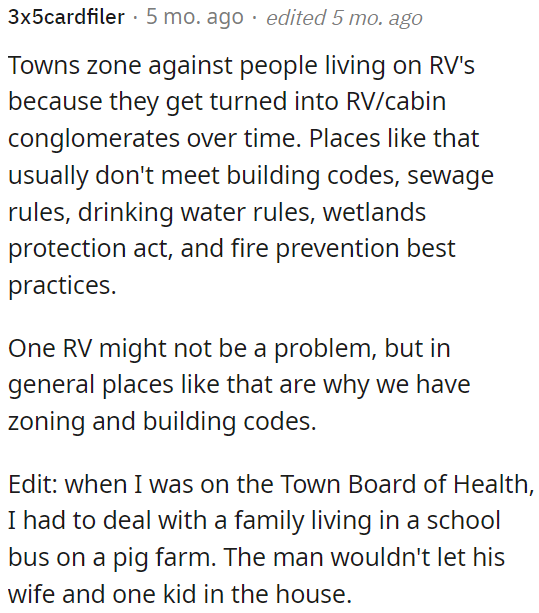 Towns restrict RV living due to concerns about non-compliance with building codes, sewage and water regulations, wetlands protection, and fire safety.
