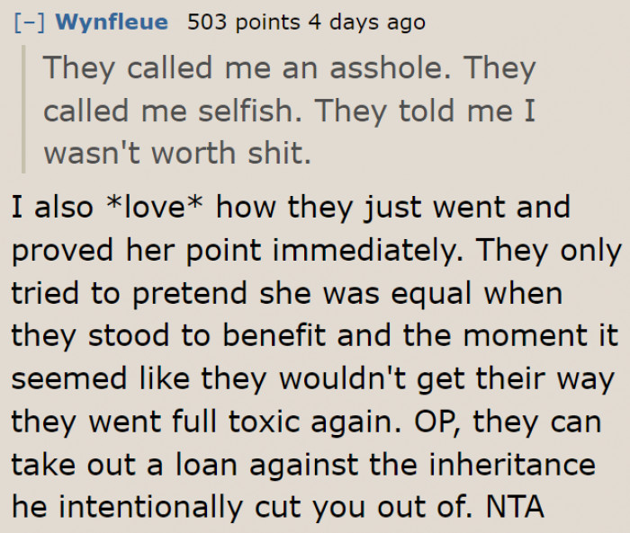 They showed their true colors when OP said she wouldn't help.