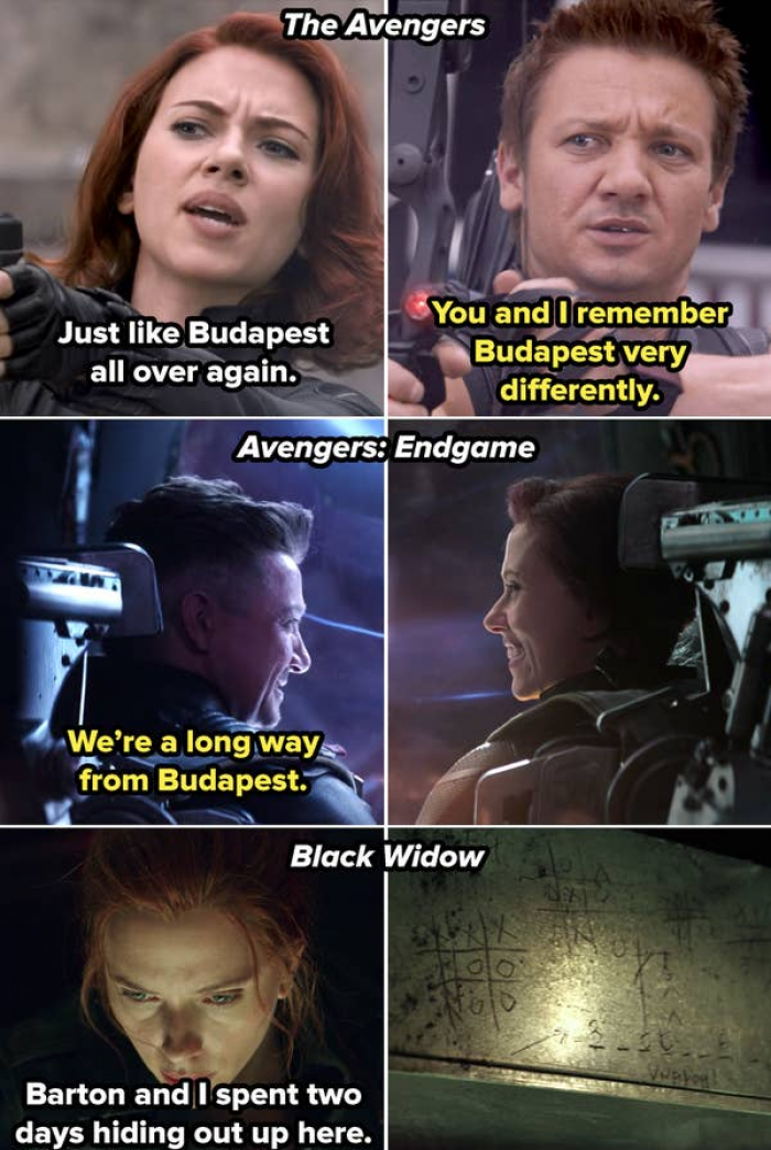 1. Natasha and Clint repeatedly reference a mission in Budapest, and we finally find out about it in 'Black Widow'