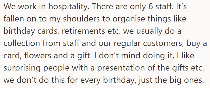The OP explained they do celebrations for the big milestones, and she gladly organizes them: