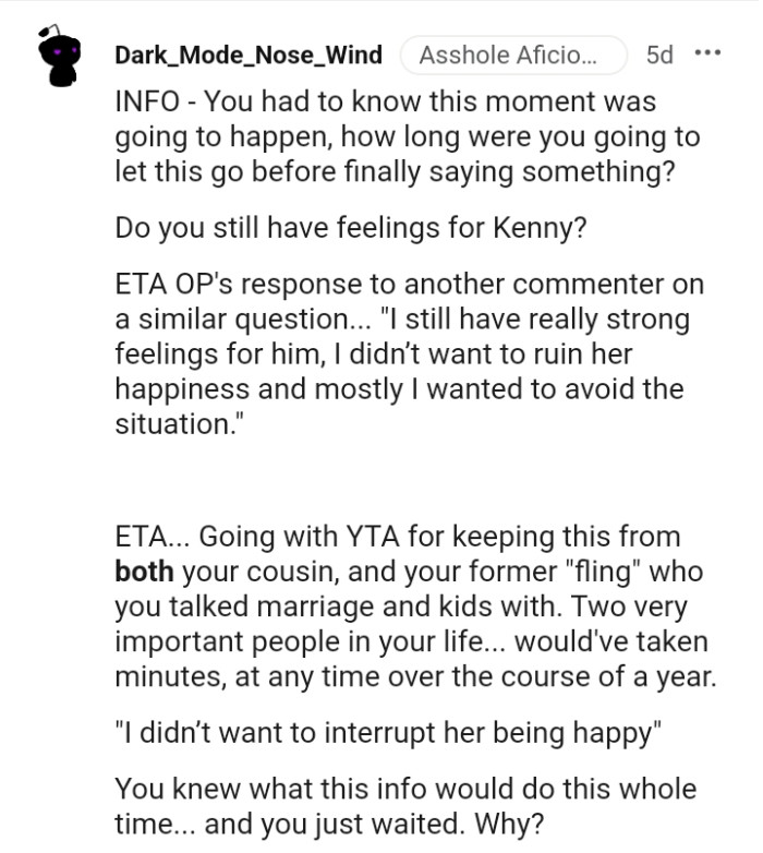 This Redditor wants to know if the OP still has feelings for this Kenny guy