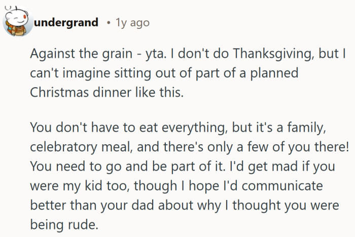 A rare counterpoint that sees the missed meal as the real issue, not the skipped soup.