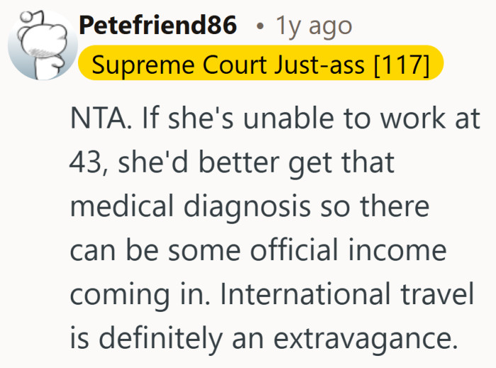International travel on a maxed out credit card does not exactly scream emergency. The priorities feel a little upside down.