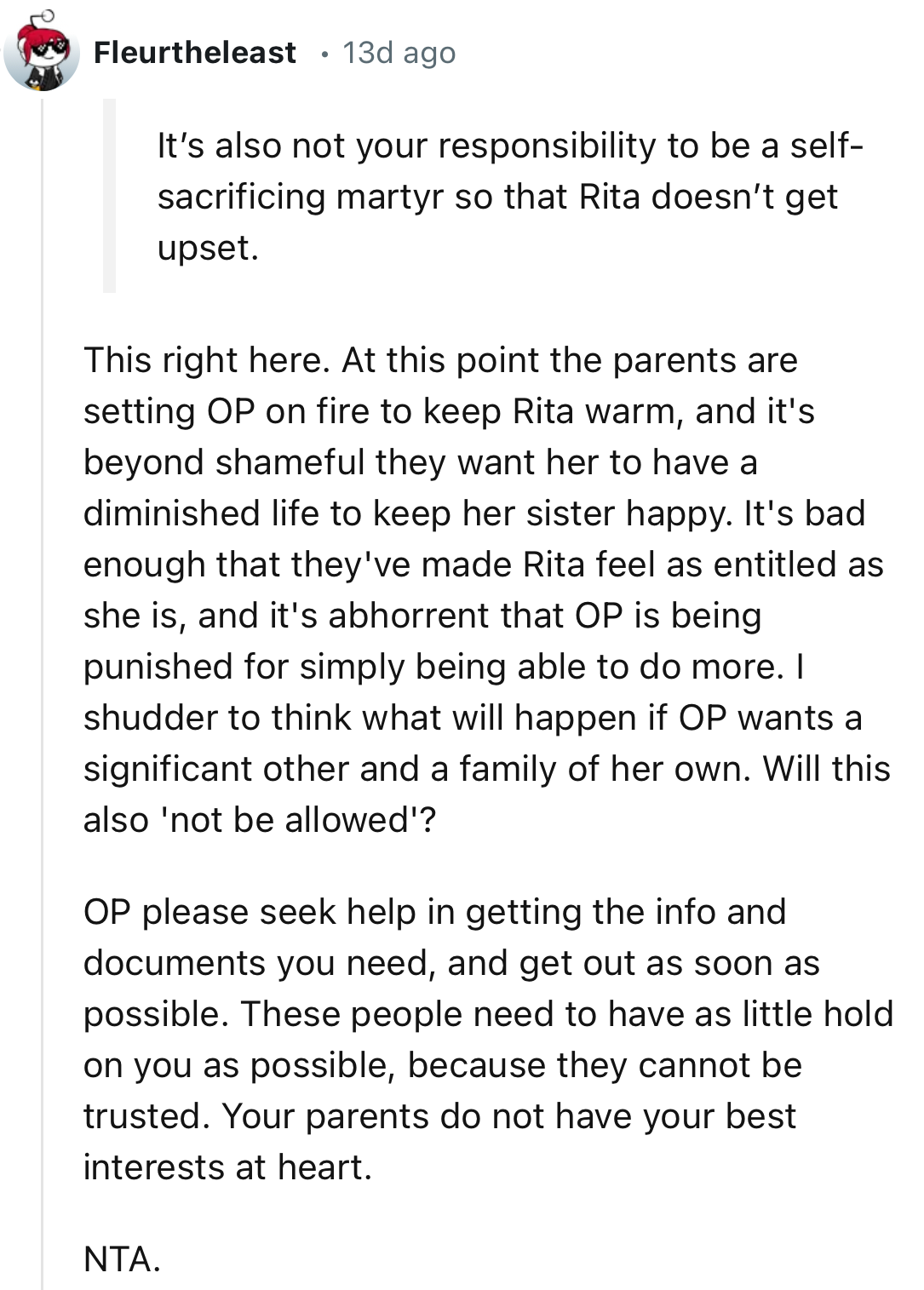 “The parents are setting OP on fire to keep Rita warm, and it's beyond shameful they want her to have a diminished life to keep her sister happy.”