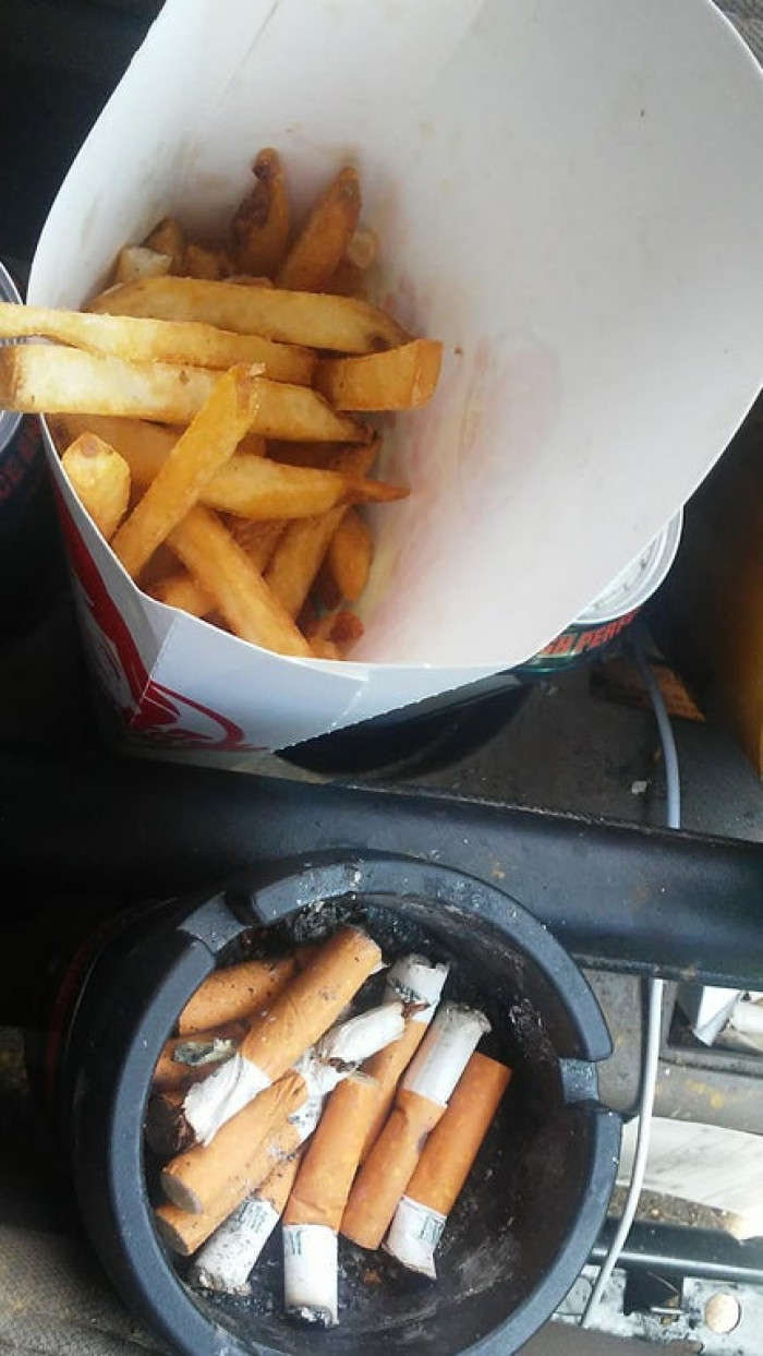19. I put my fries next to my husband's ashtray in the car. I continued to browse Reddit on my phone while blindly grabbing fries and stuffing them in my mouth. I don't want to talk about the rest.