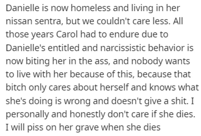 OP and his wife couldn't care less that Danielle is living in her car