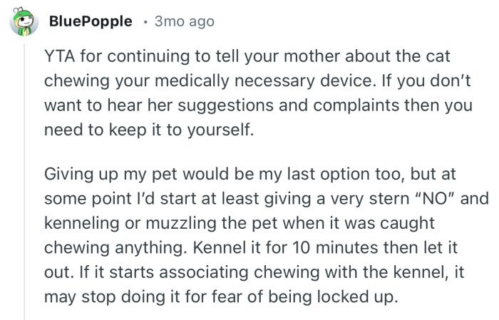 “Giving up my pet would be my last option too, but at some point I’d start at least giving a very stern ‘NO’ and kenneling or muzzling the pet.”