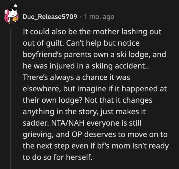 If the accident happened at their ski lodge, the mom's grief and guilt are even more warranted.