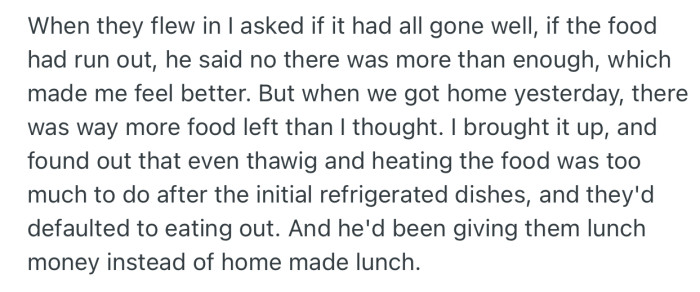 When OP’s husband flew in for the wedding, he made her believe that everything was okay at home. But when they returned, she discovered that they had resorted to eating out since he was too lazy to heat up food