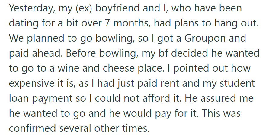 OP and their ex-partner planned to go bowling but ended up at a wine and cheese place.