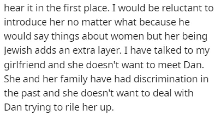 OP's girlfriend also made it clear that she doesn't want to meet Dan