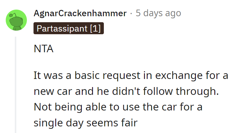 Trade-in for tidiness! NTA—a day without wheels, a lesson well-sealed.