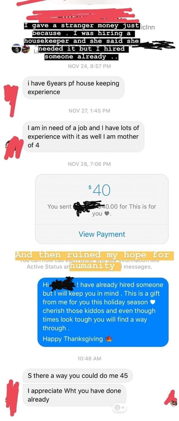 OP posted a screenshot of a conversation with the choosing beggar.