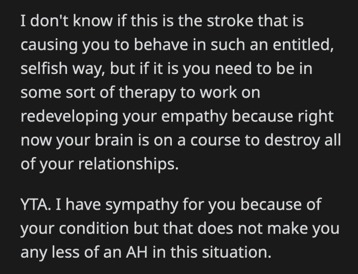 If OP's aphasia is affecting the way he communicates then it's his responsibility to seek help or at least tell his wife he needs help instead of blaming her for everything