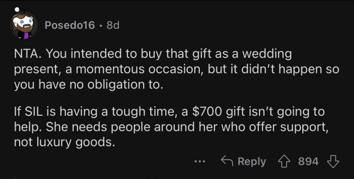 The SIL needs support, not expensive gifts.