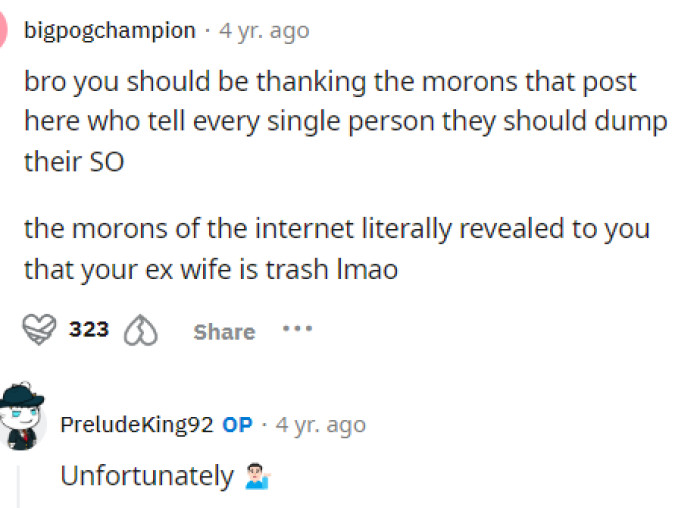 Many people were blaming the commenters for telling her to divorce him, but you can't really blame them.