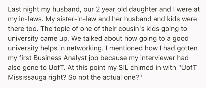 OP’s sister-in-law (SIL) made a condescending statement about her university