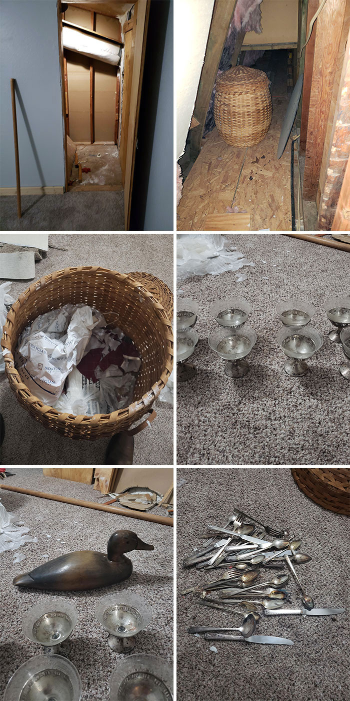 10. Homeowner took down one wall of their closet and found this makeshift passageway with a very heavy basket inside. It was not empty.