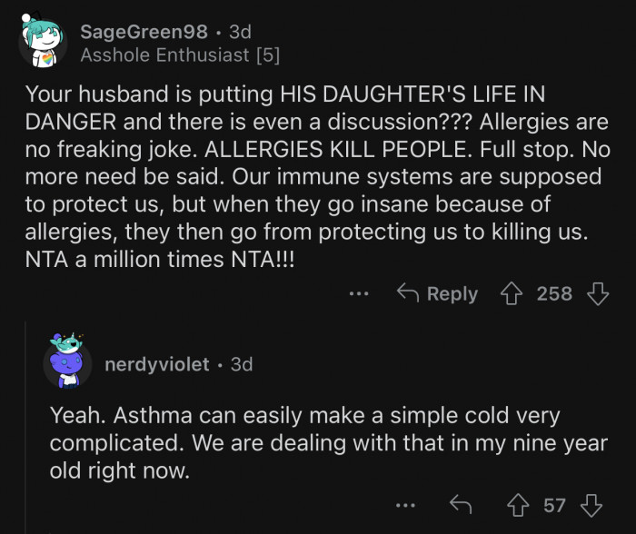 Allergies kill people. OP's husband is putting his daughter's life in danger.