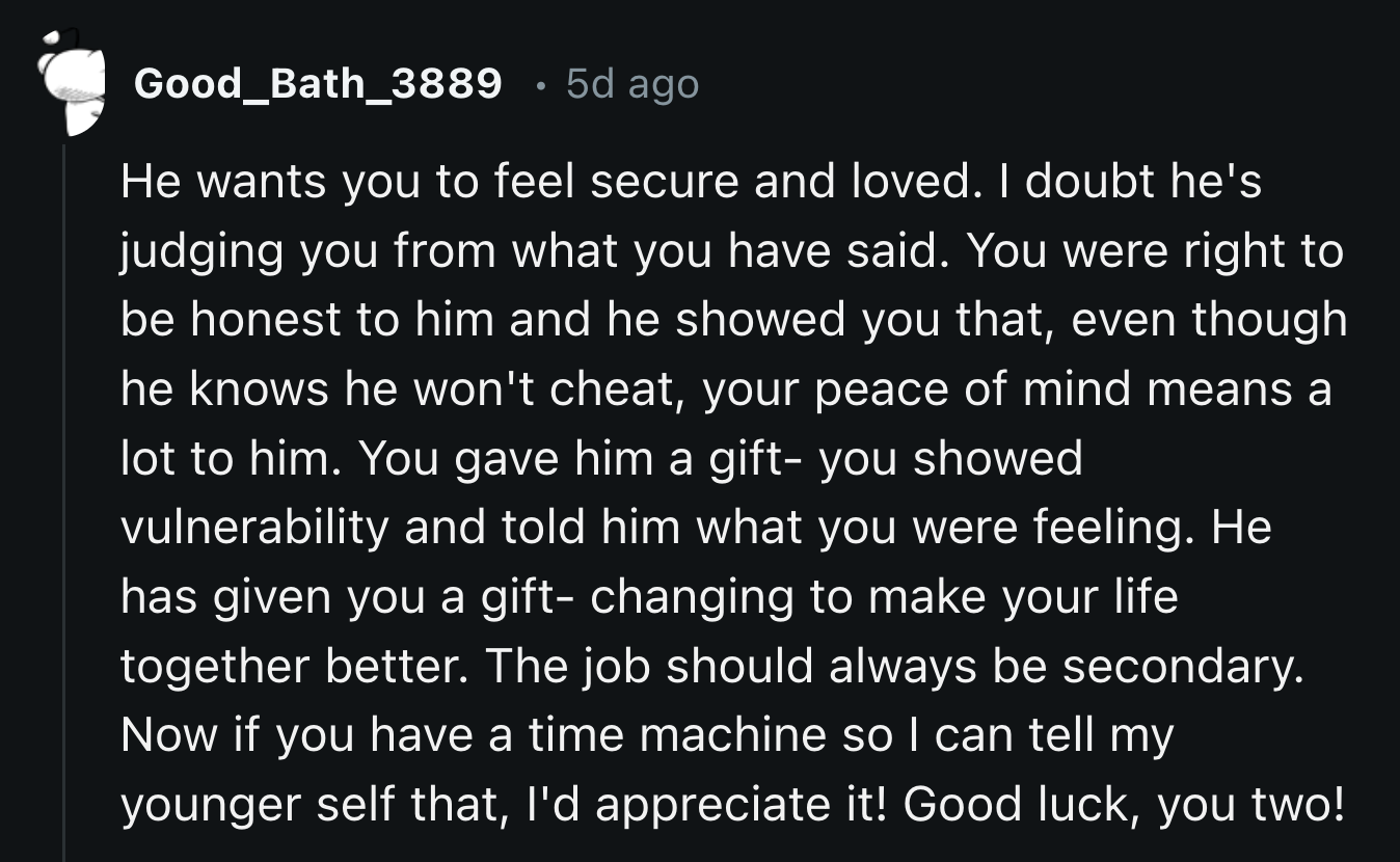 OP shouldn't feel guilty about the changes in her fiancé's work schedule and habits. It was a reasonable resolution to the issue.