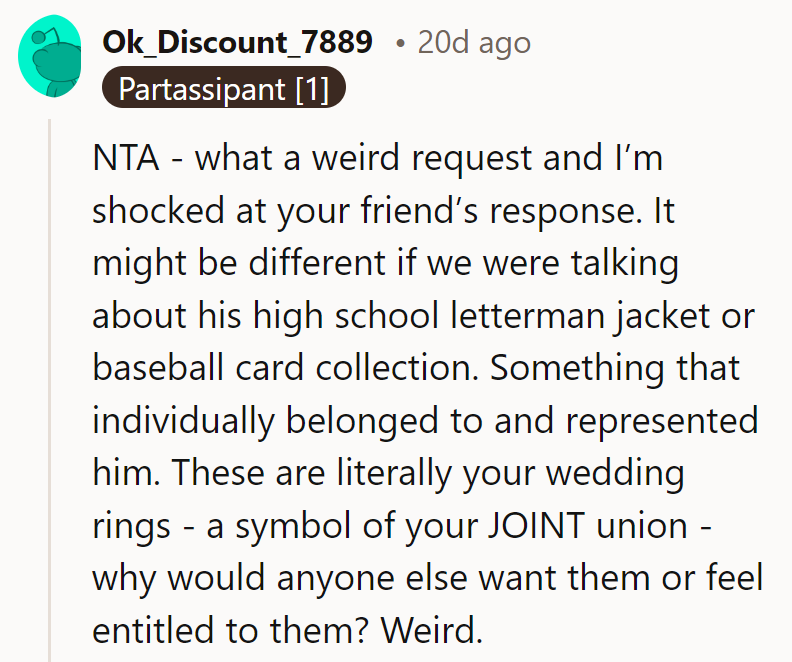 Wedding rings aren't trading cards. They're symbols of a joint union, not collectibles.