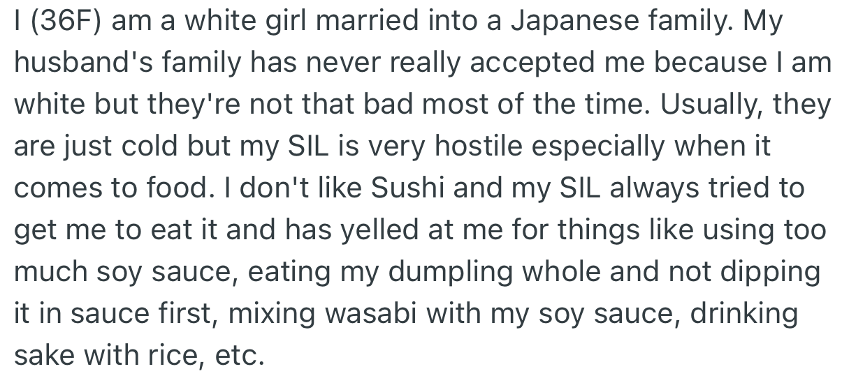 OP's Husband's Japanese Family Have Never Really Accepted Her Because She’s White. Worst of All, Her SIL Has a Habit of Complaining About the Way She Eats