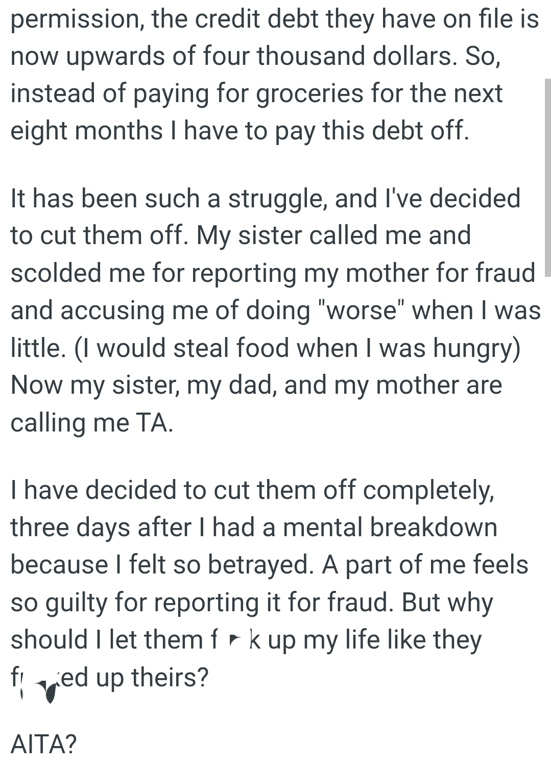 OP's sister called and scolded him for reporting their mother for fraud