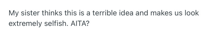 Meanwhile, OP’s sister is adamant that their plans are terrible and selfish