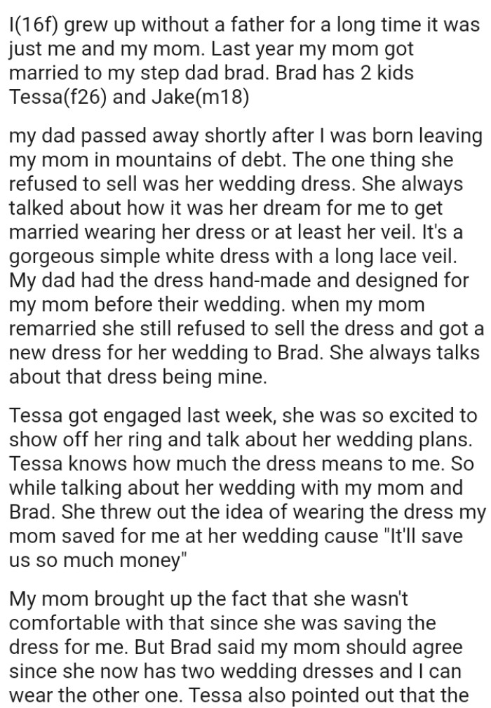 OP's Dad Had the Dress Hand-Made and Designed for Her Mom Before Their Wedding