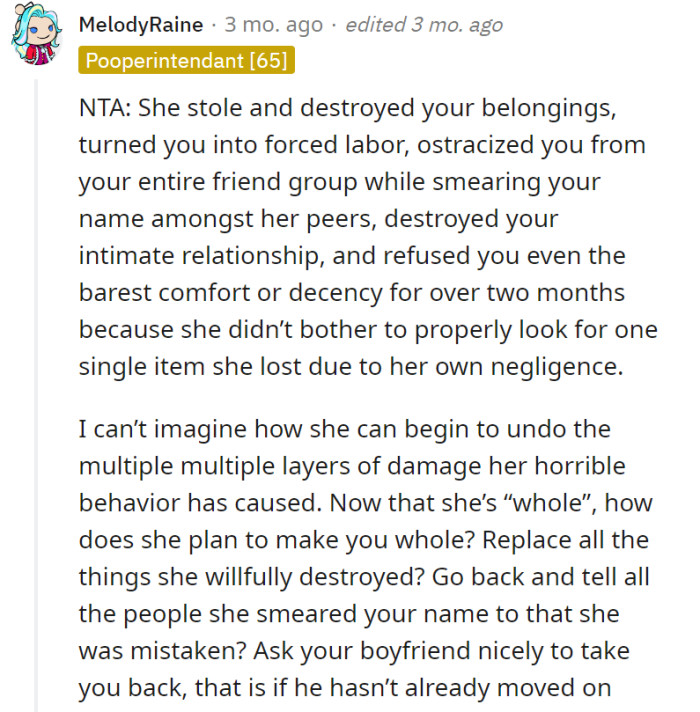 Her mom did develop her character, at the very least.