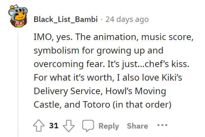 It’s a full meal! Though Kiki’s Delivery Service, Howl’s Moving Castle, and Totoro are gems too.