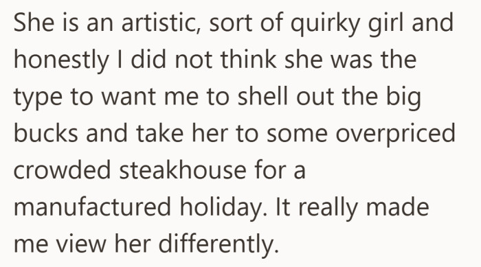 The focus shifts from Valentine’s plans to the label he has placed on her and the meaning he assigns to it.