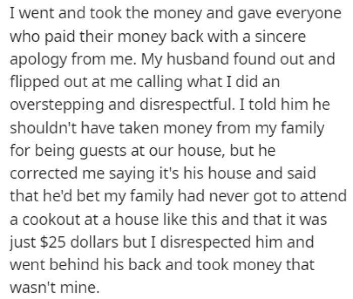 OP Returned the Money to Her Family Members, and Her Husband Found Out