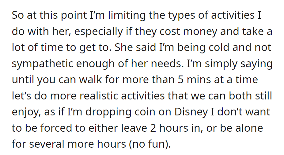 He Limits Costly Activities Due to Her Physical Limits. She Feels Unsympathetic, but He Insists on Realistic Plans.