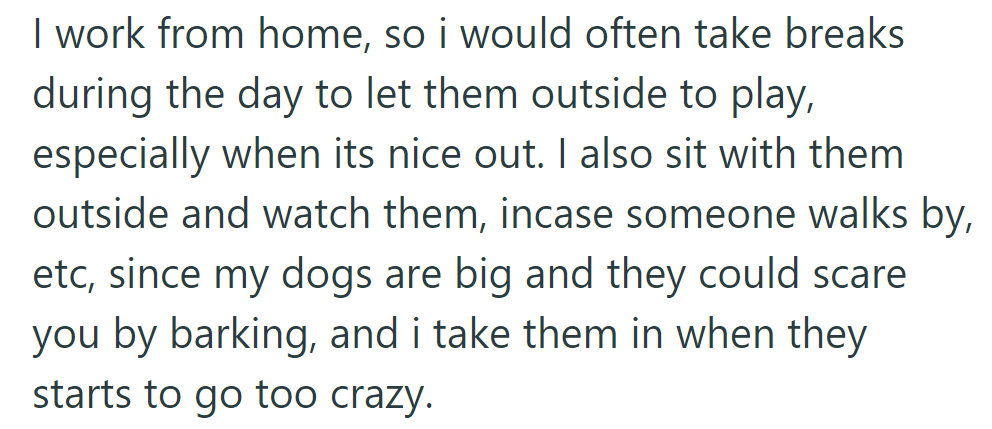 Working from home, they supervise dog breaks outside, bringing them in if they get too excited.