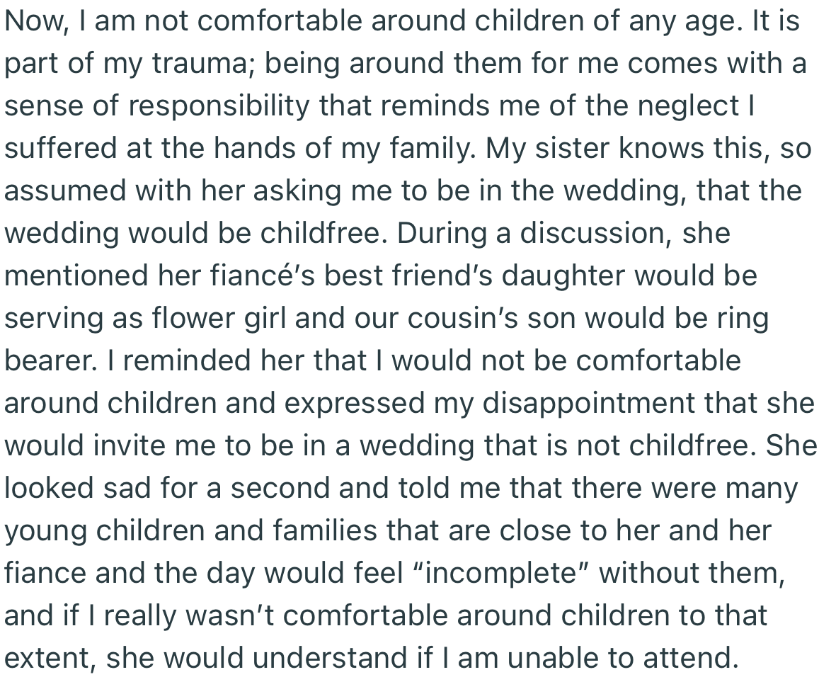 OP is Uncomfortable Around Kids and Expressed Her Disappointment That Her Sister Invited Her to a Wedding Packed with Little Kids