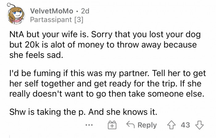 Don't throw away a lot of money just because of your sad partner.