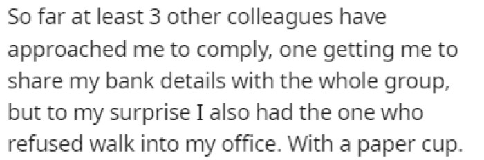 One of OP's colleagues refused to pay for the carpooling