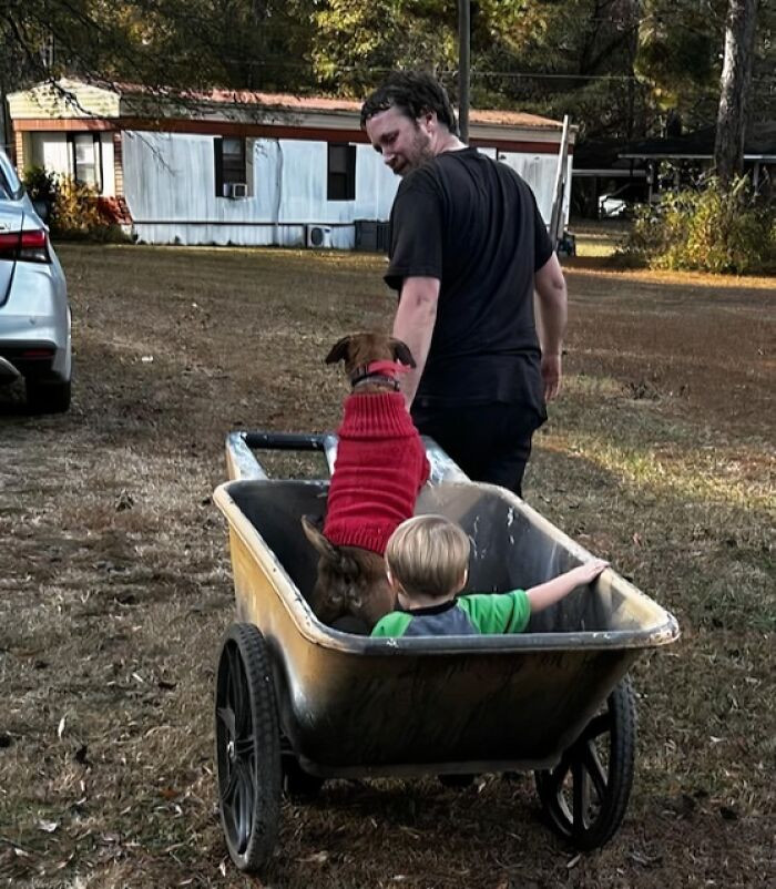 "My Nephew, Me And My Dog Getting Leaves Up"