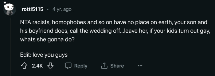 A cold hard pass. If this is the case for OP's son, what's she going to do if their future kids become gay?